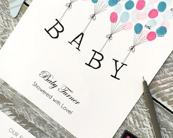 Baby Shower Guest Book fingerprint balloon +2 ink pads. A4 Floating letters. Personalised Baby Gift Nursey Print Wall Art FREE del Australia