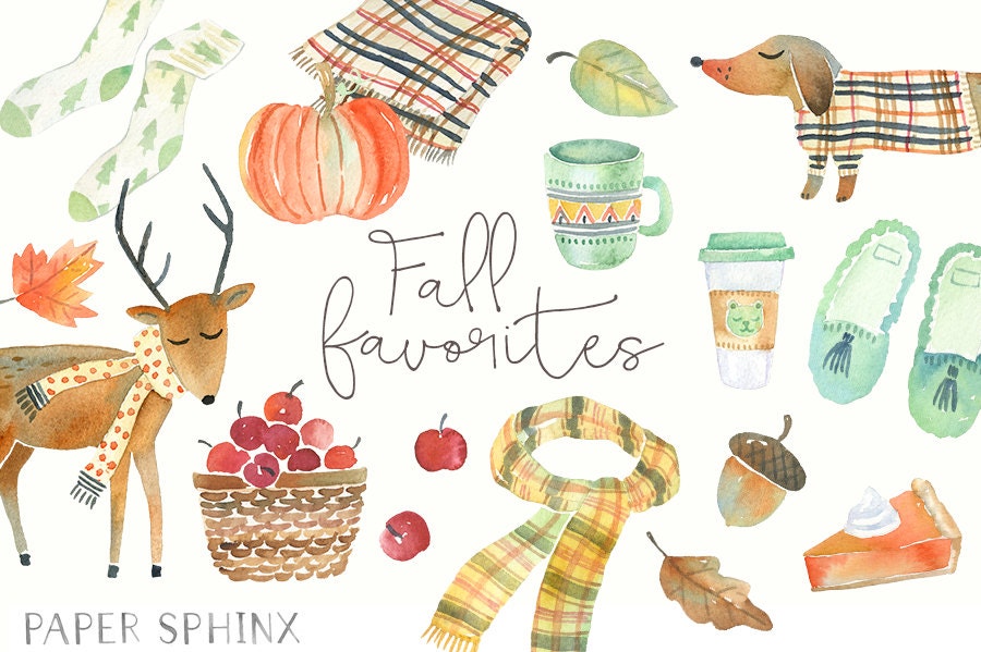Watercolor Fall Clipart Autumn Graphics Dog Scarf Deer