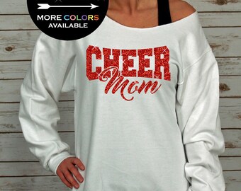 Cheer Mom sweatshirt Off Shoulder Raw Edge GLITTER, cheer shirts, cheer mom shirt, cheer shirt, cheer sweatshirts, Plus Sizes (Red Glitter)