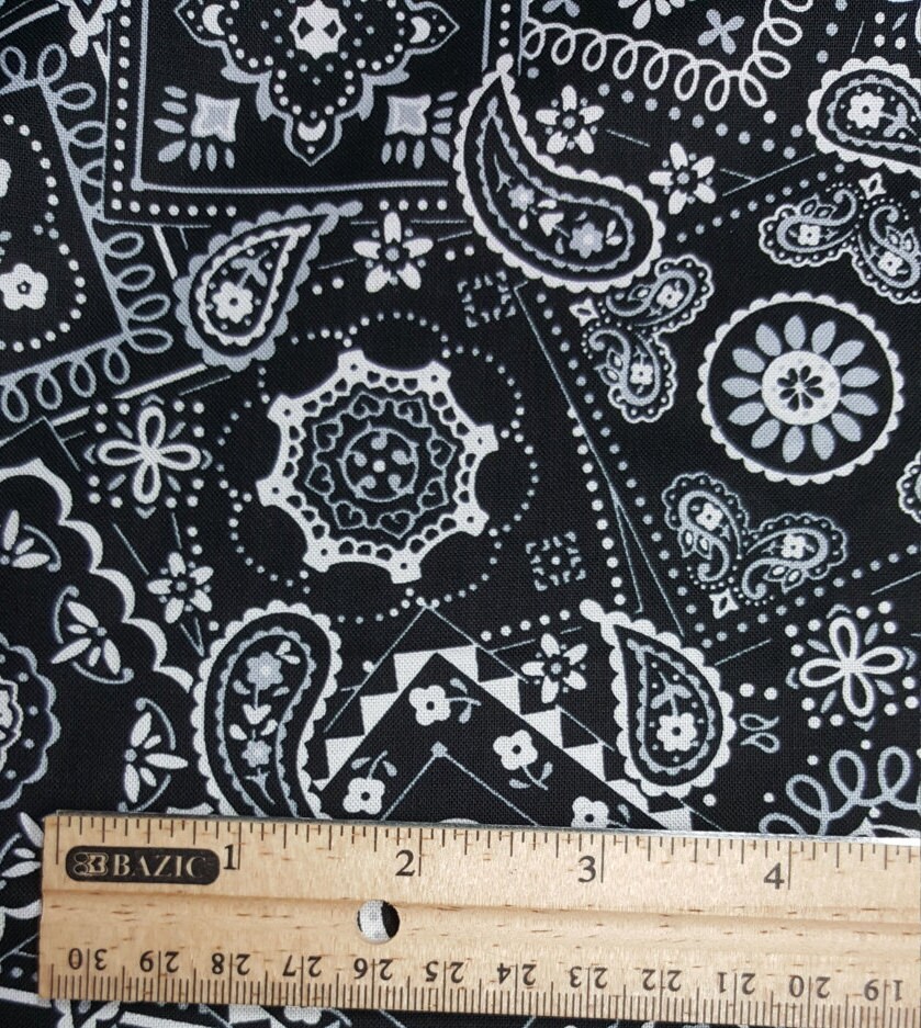 Black Bandana Fabric, by the yard or Fat Quarter, FQ, Kerchief Fabric