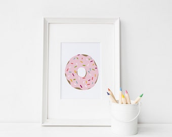Donut Printable, Donut wall art, Doughnut Print, Food Art Print, Doughnut Print, Kitchen Decor, Doughnut Illustration, Pink wall art, Cake