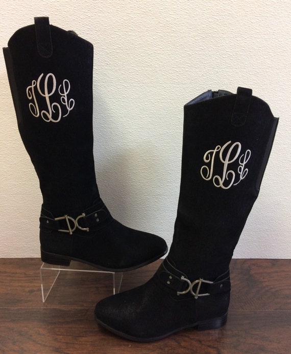 monogram plaque long leather boots