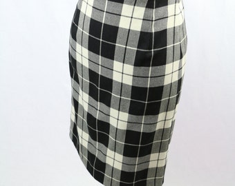 Vintage Black White Tartan Large Check Pencil Skirt Size S/M