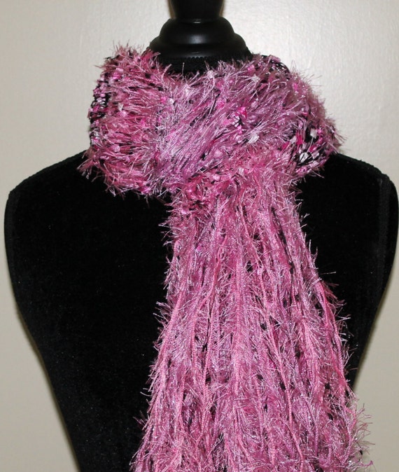 Pink Black Crochet Scarf with Fringe Detailing
