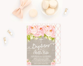 Girl Baptism Invitation, Baby Girl Baptism Invitation, Christening Invitation, Shabby Chic Burlap Pink Floral, Vintage Baptism Invitation