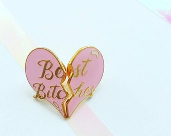 Broken Heart Pin - Best Bitches Pin - Pastel Pink Heart Pin - Double Hard Enamel Pin - Best Friends - Girlgang - Cloisonne - Flair