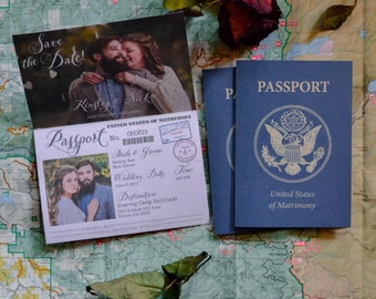 Vintage Passport-Style Save the Date OR Wedding Invitation, Fully Customized with Your Wedding Details! Travel Theme, Printable Design