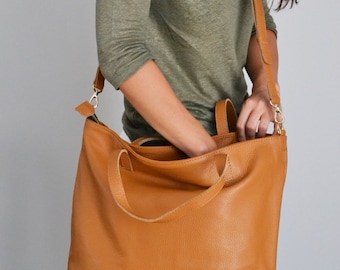 LEATHER TOTE BAG, Tan Leather Tote, Oversize Italian Pebbled Leather Tote Bag - Top Zip - Camel Brown Tote - London Bag -