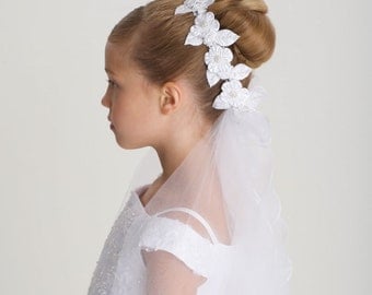 CLOSEOUT- White First Communion Headpiece, Flower Girl Headpiece, flower girl headpiece, flower girl head wreath, Designer US Angels