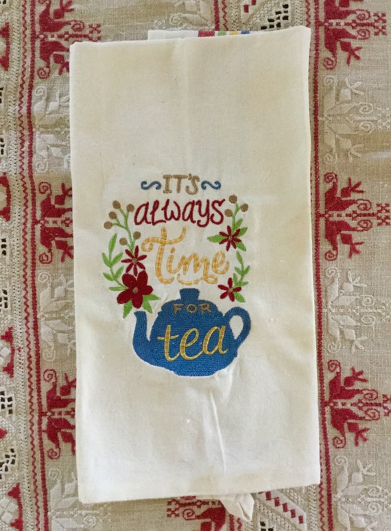 Machine embroidered tea towel vintage embroidery design
