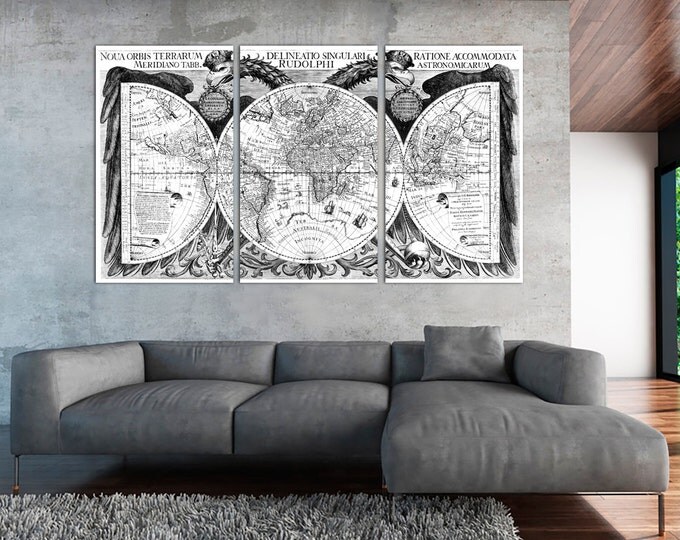 Vintage World Map Canvas poster , Antique Map Print, Large Old Wall Art map / 1,2 or 3 Panels on Canvas Wall Art for Home & Office Decor