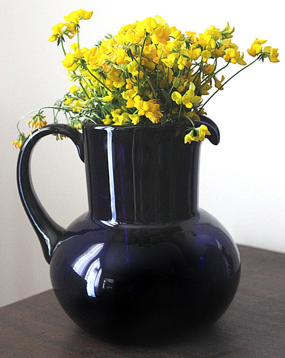 Poland Krosno Cobalt Blue Pitcher Handblown Glass Vintage