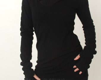 hooded tunic dress with thumb hole sleeves in BLACK/The ORIGINAL
