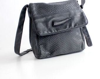 Vintage Navy Embossed Leather Purse | Supple Leather Messenger Bag | Textured Leather Shoulder Bag
