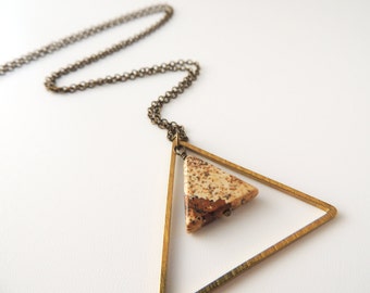 Jasper and Brass Triangle Necklace -- Geometric Gold and Gemstone Pendant -- Brass Chain -- UK Shop