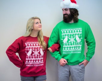 Christmas in July, Ugly Christmas Sweater, couples sweatshirts, matching christmas sweater, Meowy Christmas, funny sweatshirt, tacky sweater