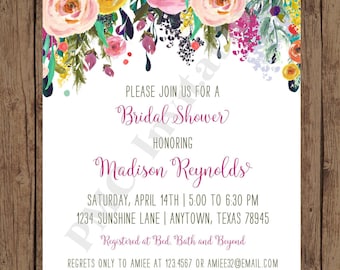 Custom Printed Floral Watercolor Bridal Shower Invitations - Watercolor Floral Invitation - 1.00 each with envelope