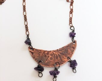 Etched Copper Crescent Moon Necklace - Free Domestic Shipping