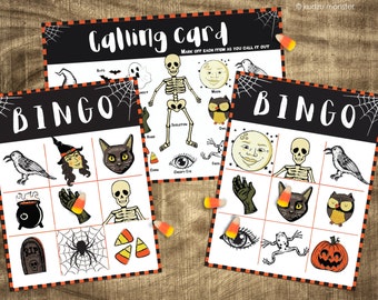 Printable Halloween Bingo game Vintage Retro style Halloween illustrations Class activity fun kids party activity easy bingo game