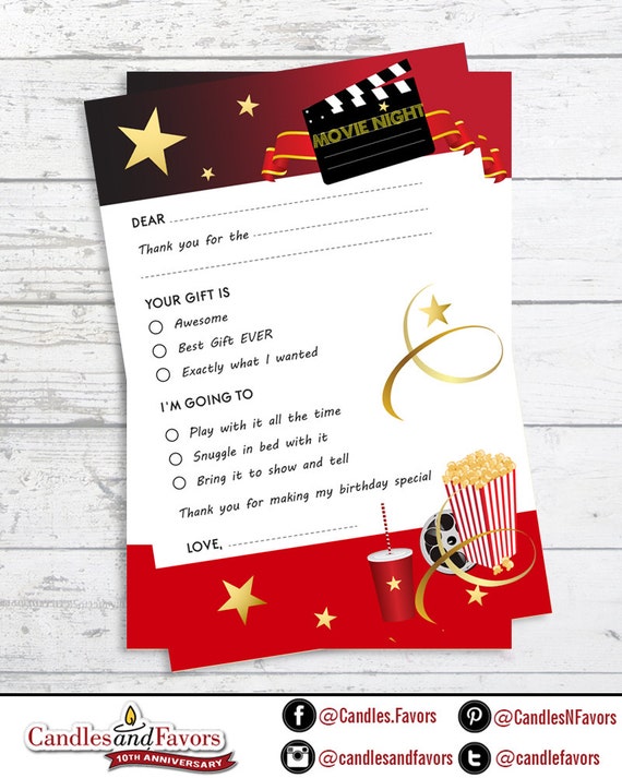 Movie Night - Fill In The Blank Birthday Party Thank You Card - Professionally printed *or* DIY printable PDF Il_570xn