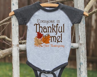 Babys First Thanksgiving Outfit - Thankful for Me Shirt - Grey Raglan Onepiece or Tshirt - Baby Boy or Girl First Thanksgiving Outfit