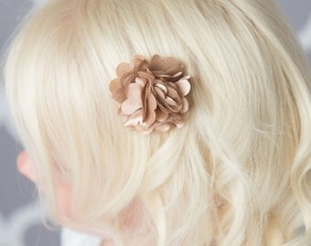 Tan hair clips, 2 clips, chiffon flower clip, piggy tail hair clips, toddler hair clip, baby hair clip, baby shower gift, flower girl clip
