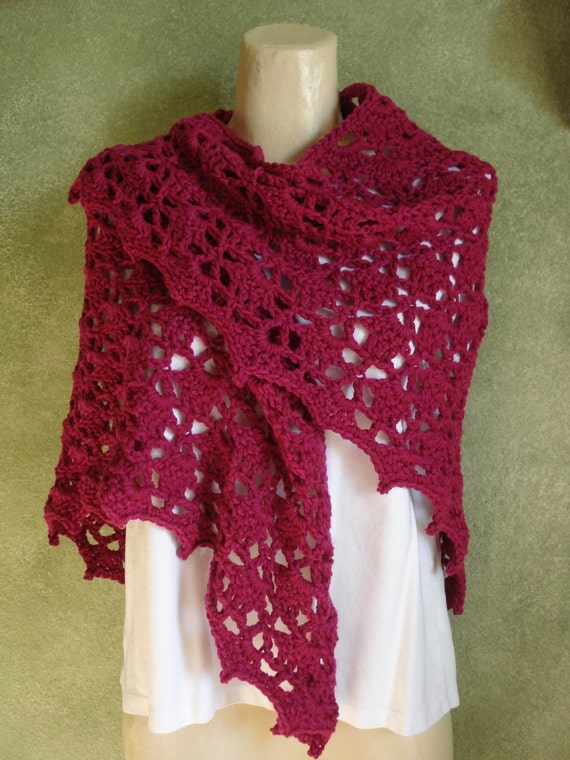 Crocheted Lace Shawl Shoulder Wrap Cherry Acrylic Yarn