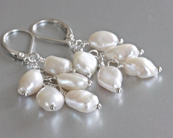 Pearl Cluster Earrings, Freshwater Pearl Earrings, Keshi Pearl Earrings, White Pearl Earrings, Wire Wrapped Jewelry, Sterling Silver Jewelry