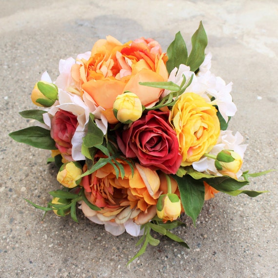 Coral Orange & Cream Color Silk Flower Bouquet Bridal