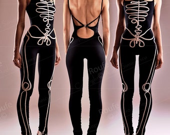 Halloween Costume - Open Back Formfitting Catsuit - Cotton Jersey Playsuit Sexy Skeleton Jumpsuit Halloween Party Outfit Scary Costume