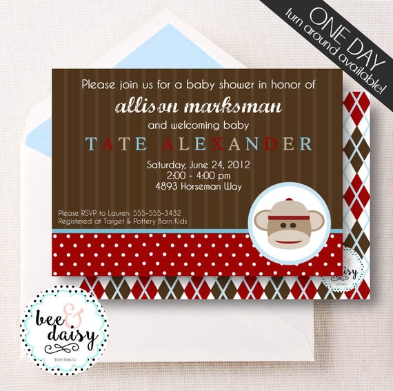 Sock Monkey Baby Shower Invitation - Boys Vintage Sock Monkey Birthday Party Invitation - Printable Sock Monkey Invite by BeeAndDaisy Il_570xn