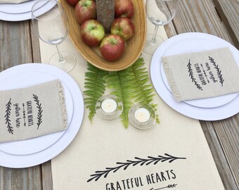 Thanksgiving Table Runner Autumn Table Runner Fall Table Runner Grateful Hearts Gather Here Cotton a Canvas Table Runner Farmhouse Decor