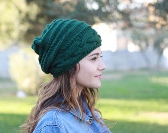 Emerald green Slouch hat, Slouch knit hat for women, Green Beanie Hat, Slouchy knit hat women, Slouchy hat, Knit Beanie