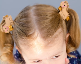 Horse pig tails - Brown horse clips - Horse felt clips - Animal clips - Horse piggy tails - Horse hair bows - Horse bows
