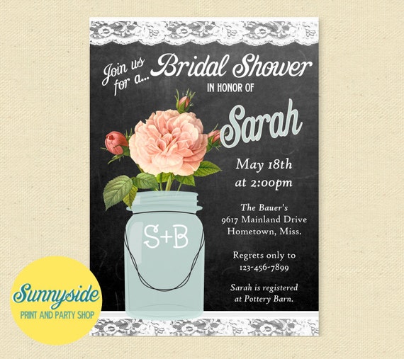 Chalkboard Printable Bridal Shower Invitation, Mason Jar Invite, Wedding Shower, Pretty, Vintage lace, You choose flower Il_570xn