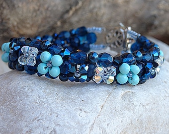 Blue Beaded Bracelet, Swarovski Beaded Bracelet, Swarovski Bracelet, Woven Beads Jewelry, Crystal Bracelet, Dark Blue & Turquoise Bracelet