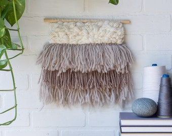 Woven Wall Hanging | Medium Neutral Weaving in Beige and White with Fringe