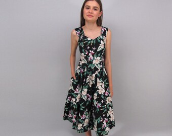 Vintage Floral Dress, 80s Tropical Dress, Full Skirt, Cotton Dress, Hawaiian Sun Dress Δ size: md