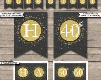 Happy Birthday Banner - Printable 30th 40th 50th 60th etc - INSTANT DOWNLOAD with EDITABLE text - print a custom age & banner message