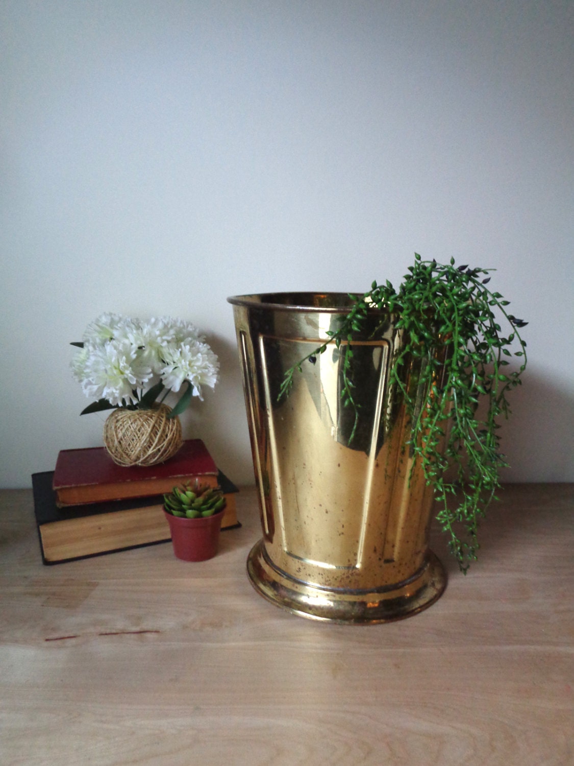 Large Tall Gold Metal Vase / Pot / Flower Planter / Waste