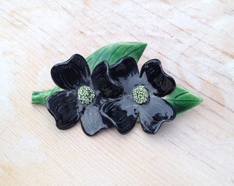 Vintage Black Floral Brooch / Retro Ceramic Dogwood Flower Statement Pin