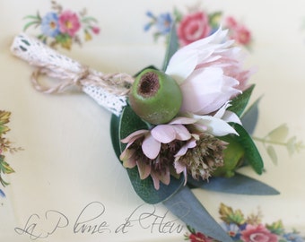 Sloan - Men's Buttonhole / Boutonniere - rustic, country garden style buttonhole, palest pink blushing bride, mauve astrantia, gumnuts