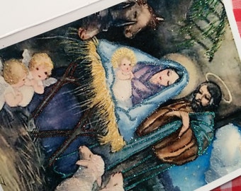 SALE! Glittered Christmas Card ~ Hand-Glittered Nativity Scene, Old-Fashioned Card with Envelope, Nostalgic Christmas, Religious Card