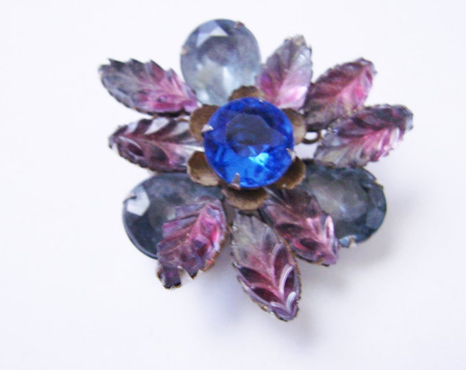 Vintage Art Glass Rhinestone Floral Brooch / Molded Glass / Navettes / Blue / Pink / Grey / Jewelry / Jewellery