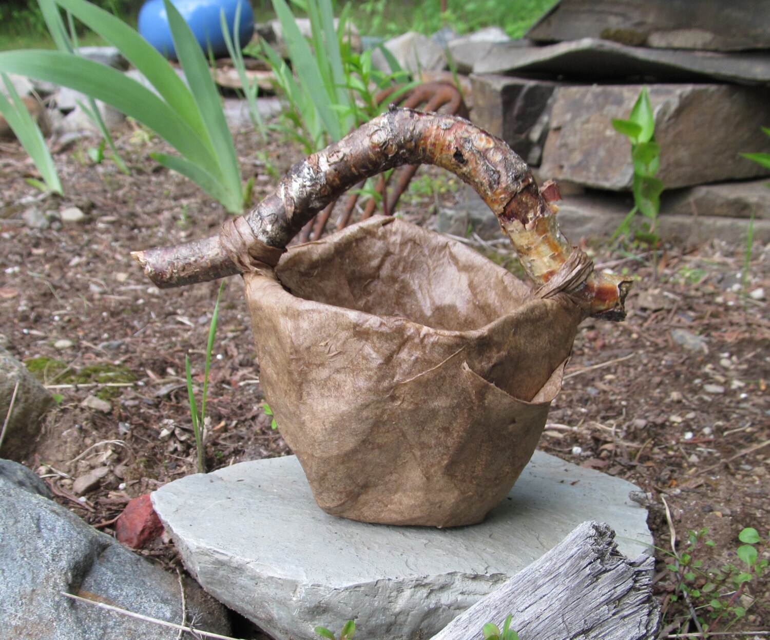 Small Paper Mache Basket with Birch Branch Handle You