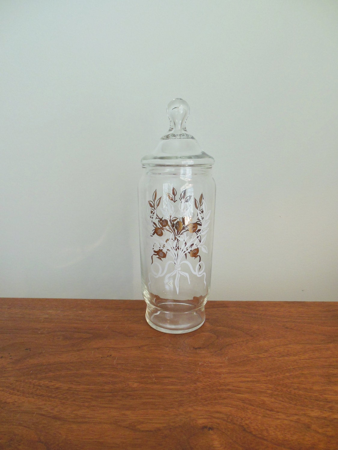 Tall Glass Candy Jar with White and Gold Pineapple Tree Design