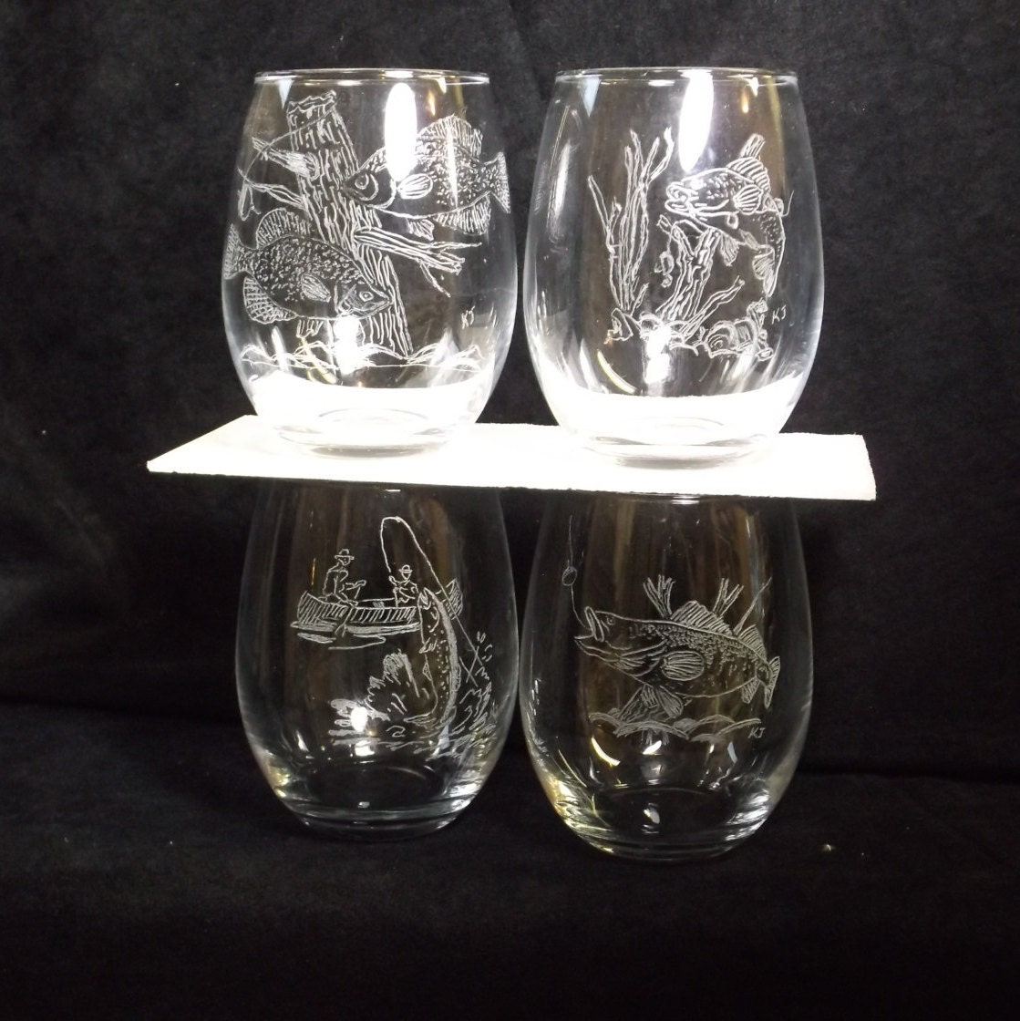 4 hand engraved fishing whiskey/wine glasses etched