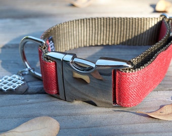 Soft Red Herringbone, Fall Dog Collar, Autumn Dog Collar, Adjustable, Silver Hardware