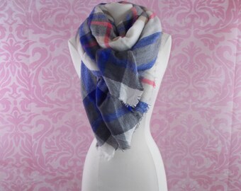blue and grey blanket scarf/plaid scarf/tartan scarf