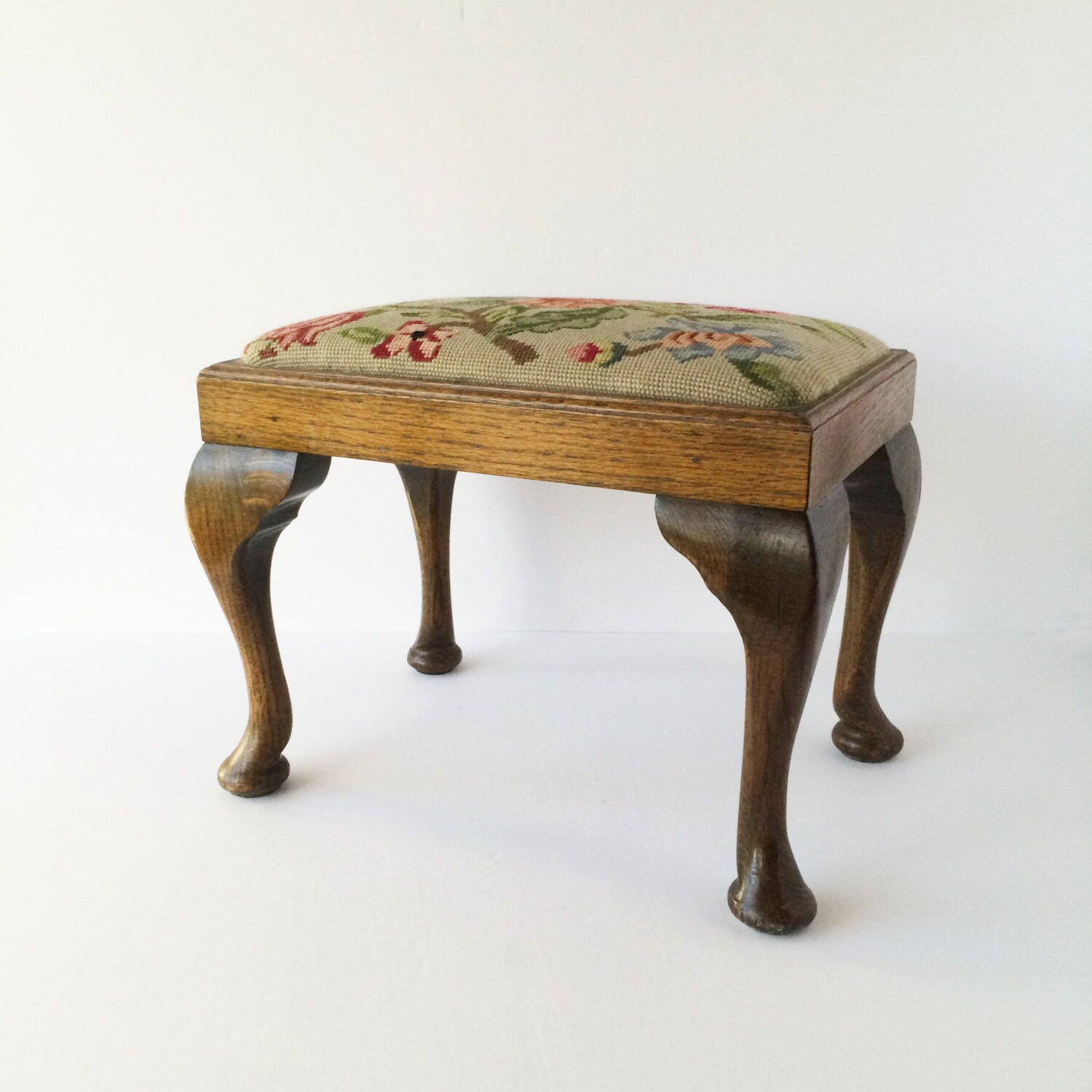 Vintage Queen Anne Needlepoint Footstool Floral Needlepoint